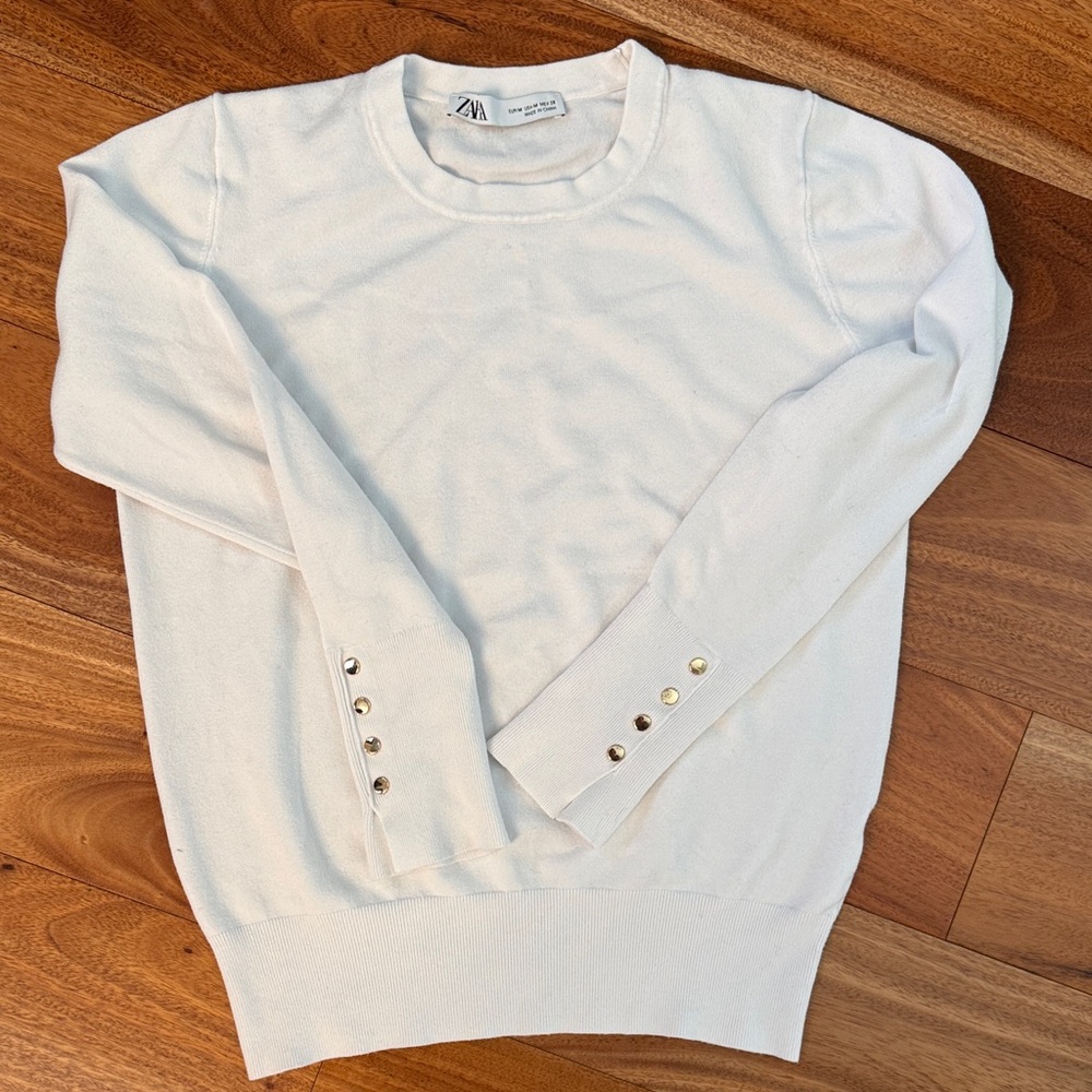 Zara Women’s White Crewneck Sweater with Gold Accents